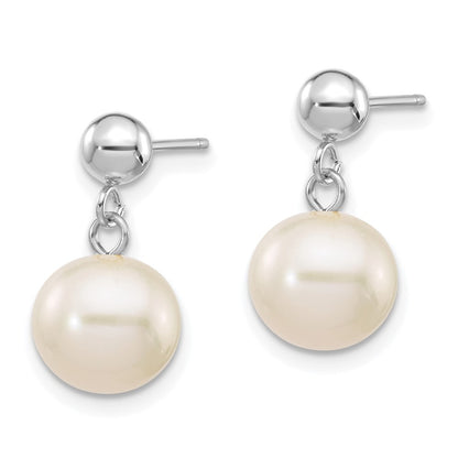 14K White Gold 8 8.5mm Round Freshwater Cultured Pearl Post Dangle Earrings