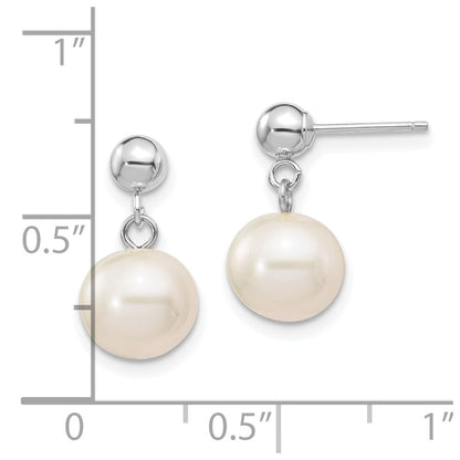 14K White Gold 8 8.5mm Round Freshwater Cultured Pearl Post Dangle Earrings