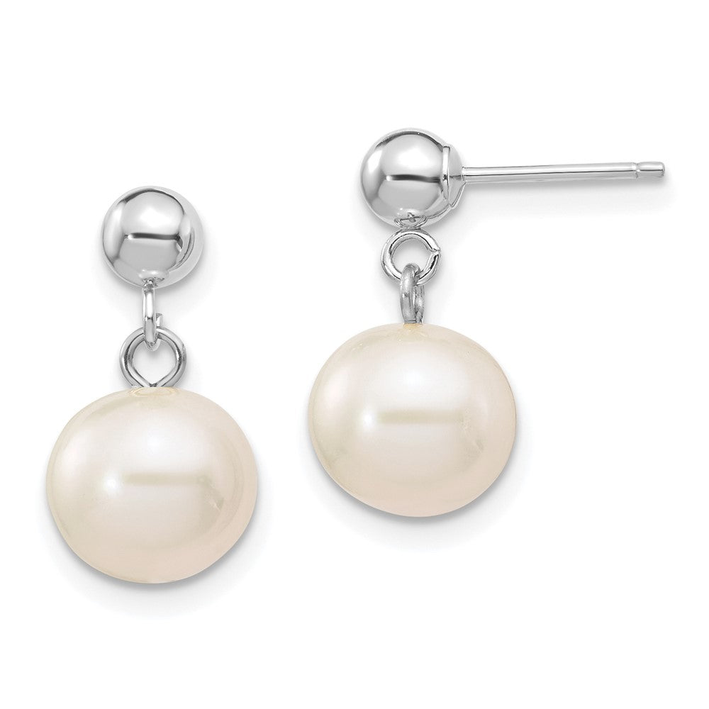 14K White Gold 8 8.5mm Round Freshwater Cultured Pearl Post Dangle Earrings