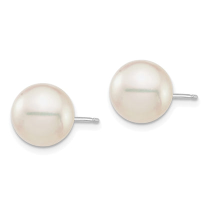 14K White Gold 9 10mm Round Akoya Saltwater Cultured Pearl Post Earrings