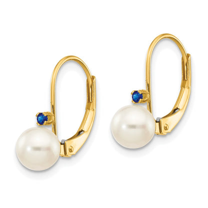 14K Yellow Gold 5 5.5mm White Round Fw Cultured Pearl Sapphire Leverback Earrings
