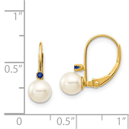 14K Yellow Gold 5 5.5mm White Round Fw Cultured Pearl Sapphire Leverback Earrings