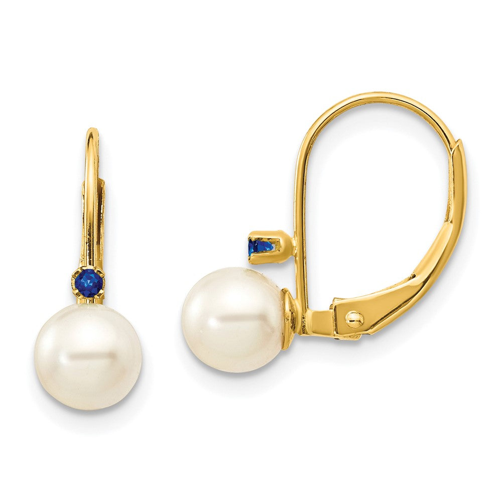 14K Yellow Gold 5 5.5mm White Round Fw Cultured Pearl Sapphire Leverback Earrings