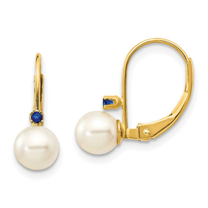 14K Yellow Gold 5 5.5mm White Round Fw Cultured Pearl Sapphire Leverback Earrings