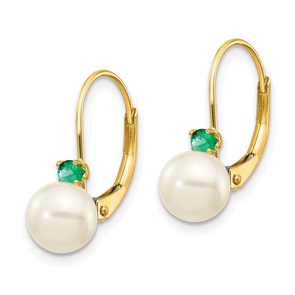 14K Yellow Gold 6 6.5mm White Round Fw Cultured Pearl Emerald Leverback Earrings