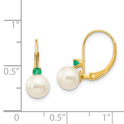 14K Yellow Gold 6 6.5mm White Round Fw Cultured Pearl Emerald Leverback Earrings