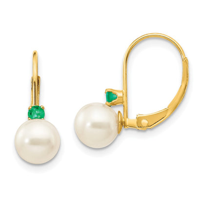 14K Yellow Gold 6 6.5mm White Round Fw Cultured Pearl Emerald Leverback Earrings