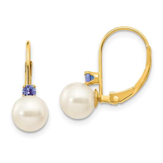 14K Yellow Gold 6 6.5mm White Round Fw Cultured Pearl Tanzanite Leverback Earrings