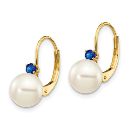 14K Yellow Gold 7 7.5mm White Round Fw Cultured Pearl Sapphire Leverback Earrings