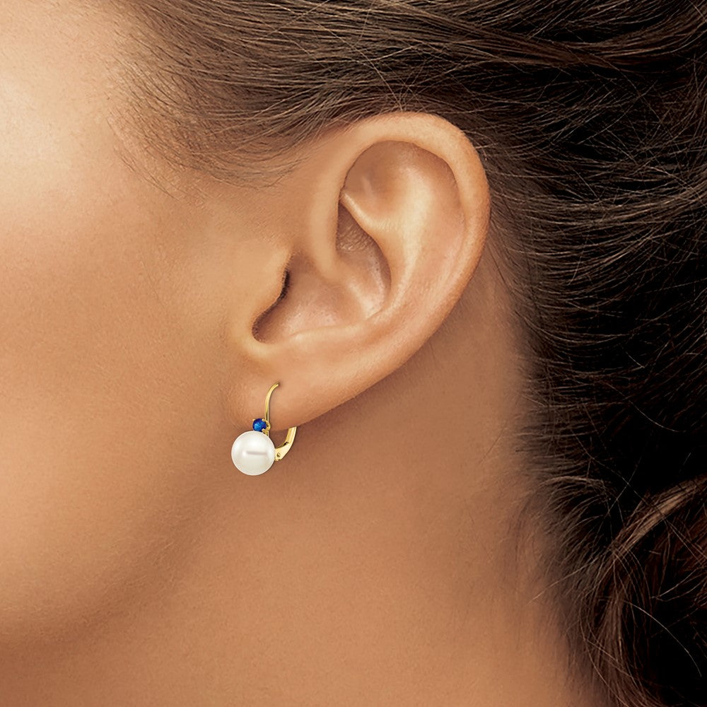 14K Yellow Gold 7 7.5mm White Round Fw Cultured Pearl Sapphire Leverback Earrings