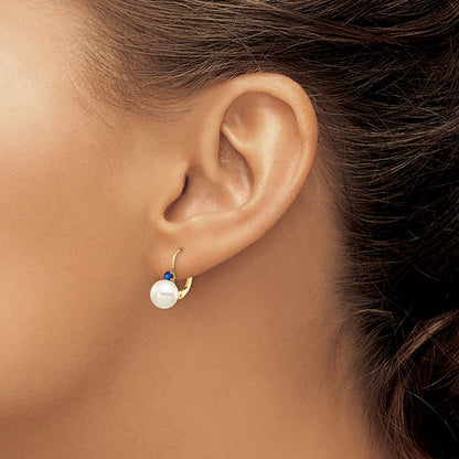 14K Yellow Gold 7 7.5mm White Round Fw Cultured Pearl Sapphire Leverback Earrings