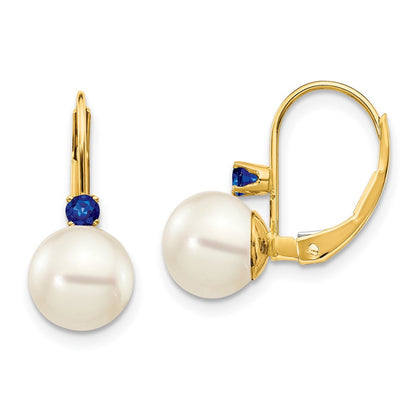 14K Yellow Gold 7 7.5mm White Round Fw Cultured Pearl Sapphire Leverback Earrings