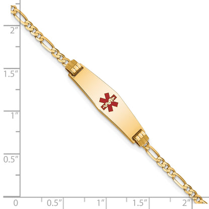 14K Yellow Gold Medical Solid Chain/Solid Plate 24X7mm Soft Diamond Shape Centered Red Enamel Figaro Link 7 Inch Id Bracelet