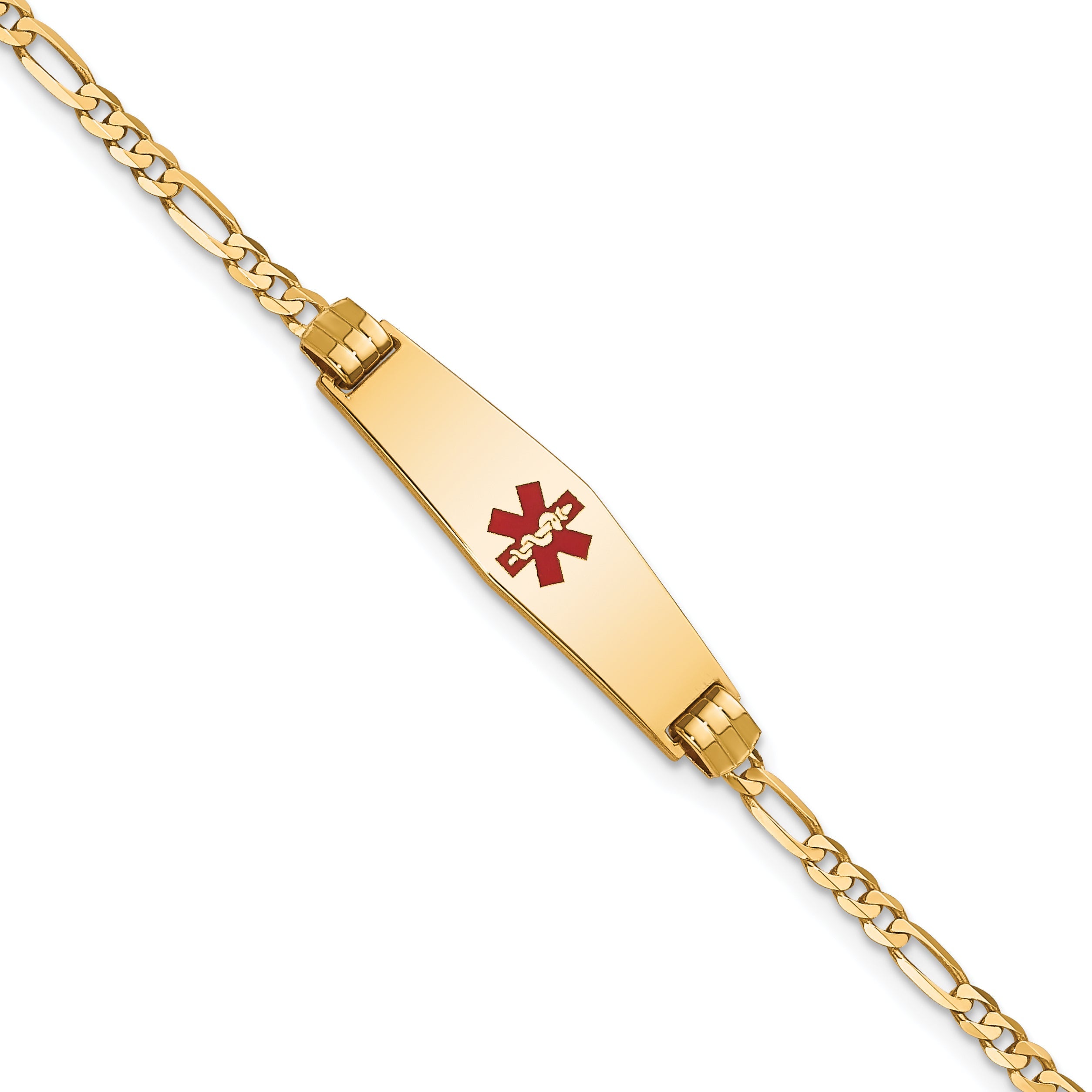 14K Yellow Gold Medical Solid Chain/Solid Plate 24X7mm Soft Diamond Shape Centered Red Enamel Figaro Link 8 Inch Id Bracelet