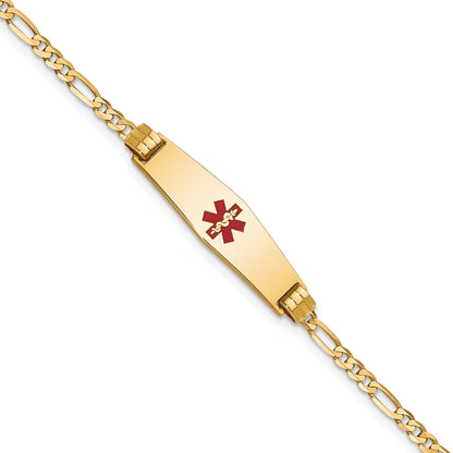 14K Yellow Gold Medical Solid Chain/Solid Plate 24X7mm Soft Diamond Shape Centered Red Enamel Figaro Link 8 Inch Id Bracelet