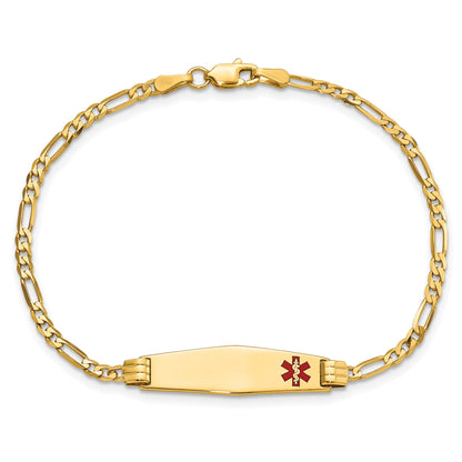 14K Yellow Gold Medical Solid Chain/Solid Plate 26X7mm Soft Diamond Shape Off Center Red Enamel Figaro Link 8 Inch Id Bracelet