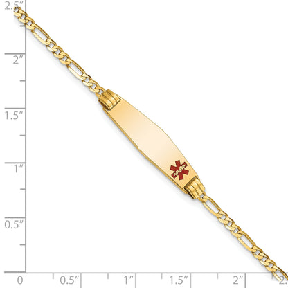 14K Yellow Gold Medical Solid Chain/Solid Plate 26X7mm Soft Diamond Shape Off Center Red Enamel Figaro Link 8 Inch Id Bracelet
