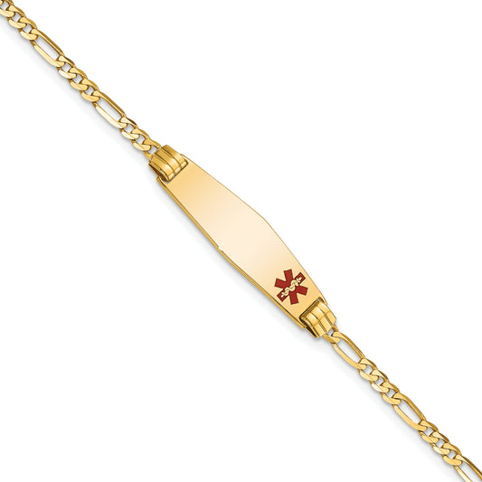 14K Yellow Gold Medical Solid Chain/Solid Plate 26X7mm Soft Diamond Shape Off Center Red Enamel Figaro Link 8 Inch Id Bracelet