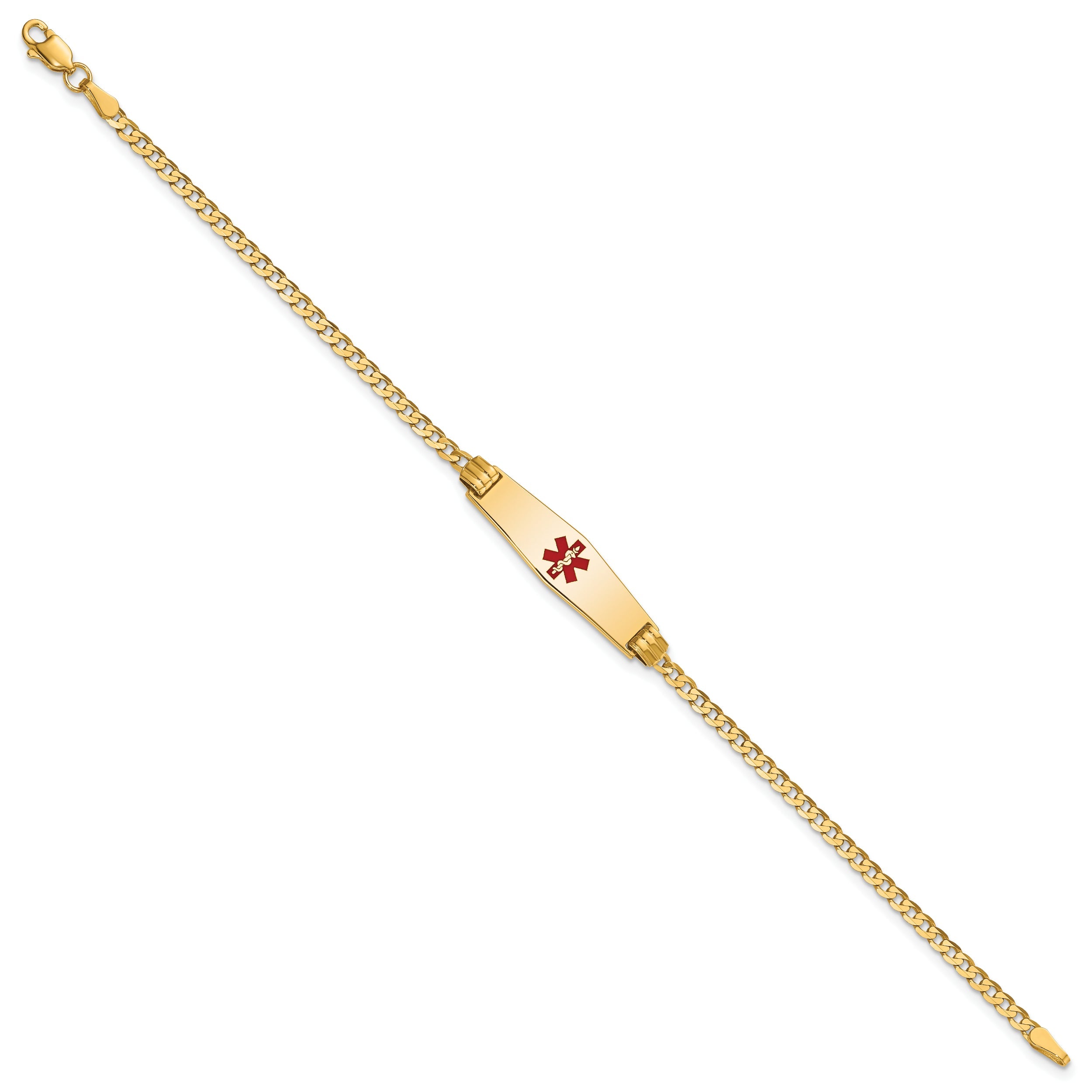 14K Yellow Gold Medical Solid Chain/Solid Plate 24X7mm Soft Diamond Shape Centered Red Enamel Curb Link 7 Inch Id Bracelet