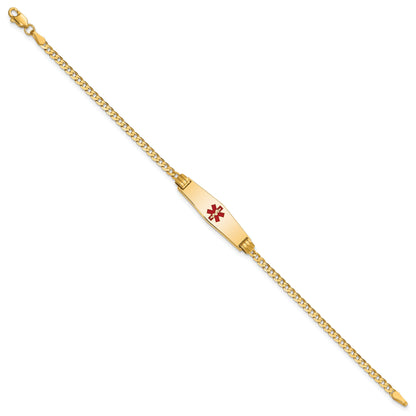 14K Yellow Gold Medical Solid Chain/Solid Plate 24X7mm Soft Diamond Shape Centered Red Enamel Curb Link 7 Inch Id Bracelet