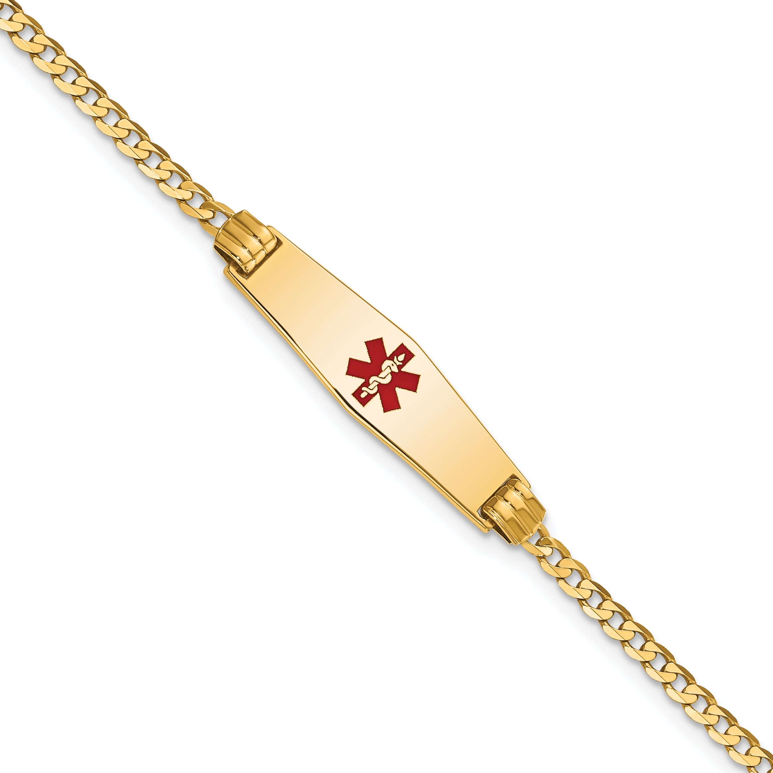 14K Yellow Gold Medical Solid Chain/Solid Plate 24X7mm Soft Diamond Shape Centered Red Enamel Curb Link 7 Inch Id Bracelet