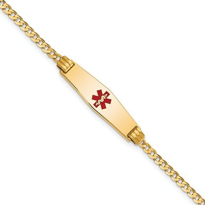 14K Yellow Gold Medical Solid Chain/Solid Plate 24X7mm Soft Diamond Shape Centered Red Enamel Curb Link 7 Inch Id Bracelet