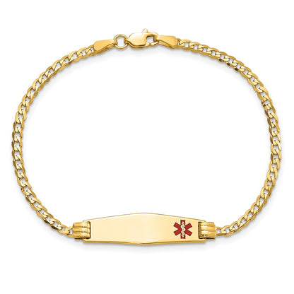 14K Yellow Gold Medical Solid Chain/Solid Plate 26X7mm Soft Diamond Shape Off Center Red Enamel Curb Link 7 Inch Id Bracelet