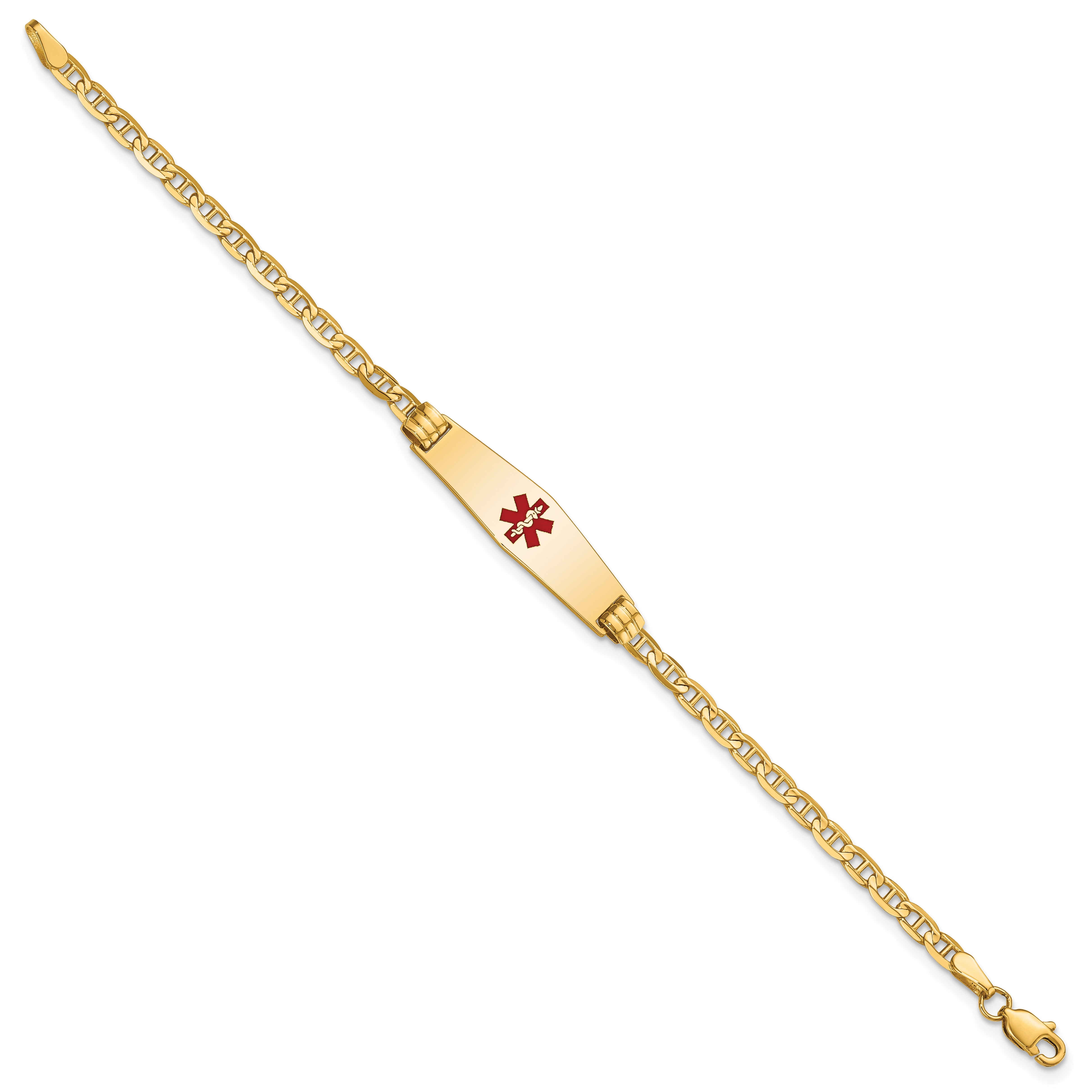 14K Yellow Gold Medical Solid Chain/Solid Plate 25X7mm Soft Diamond Shape Centered Red Enamel Anchor Link 6 Inch Baby/Child Id Bracelet