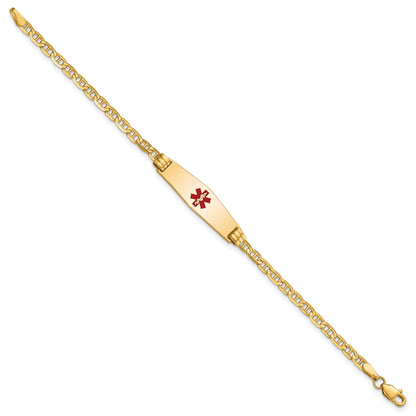 14K Yellow Gold Medical Solid Chain/Solid Plate 25X7mm Soft Diamond Shape Centered Red Enamel Anchor Link 6 Inch Baby/Child Id Bracelet