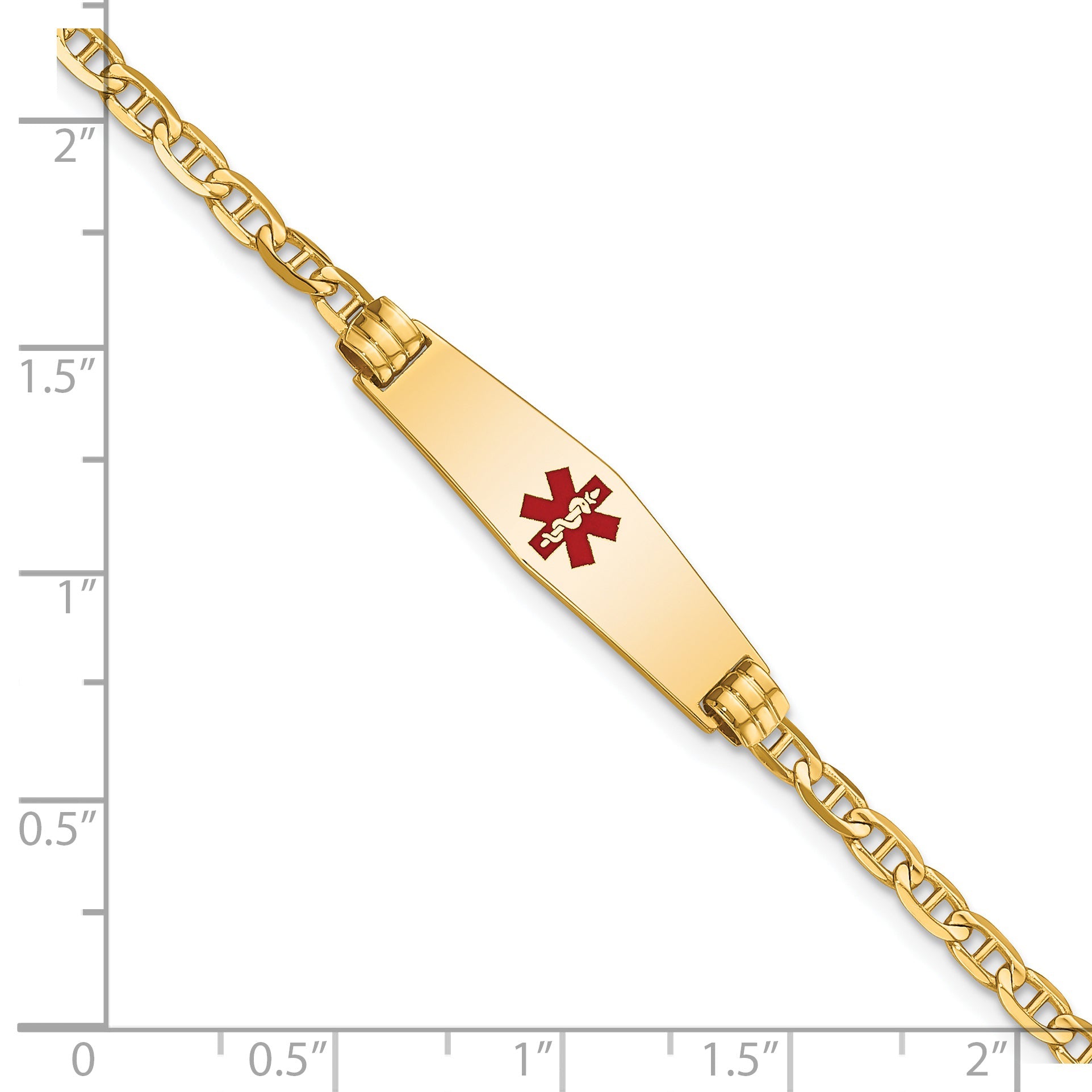 14K Yellow Gold Medical Solid Chain/Solid Plate 25X7mm Soft Diamond Shape Centered Red Enamel Anchor Link 6 Inch Baby/Child Id Bracelet