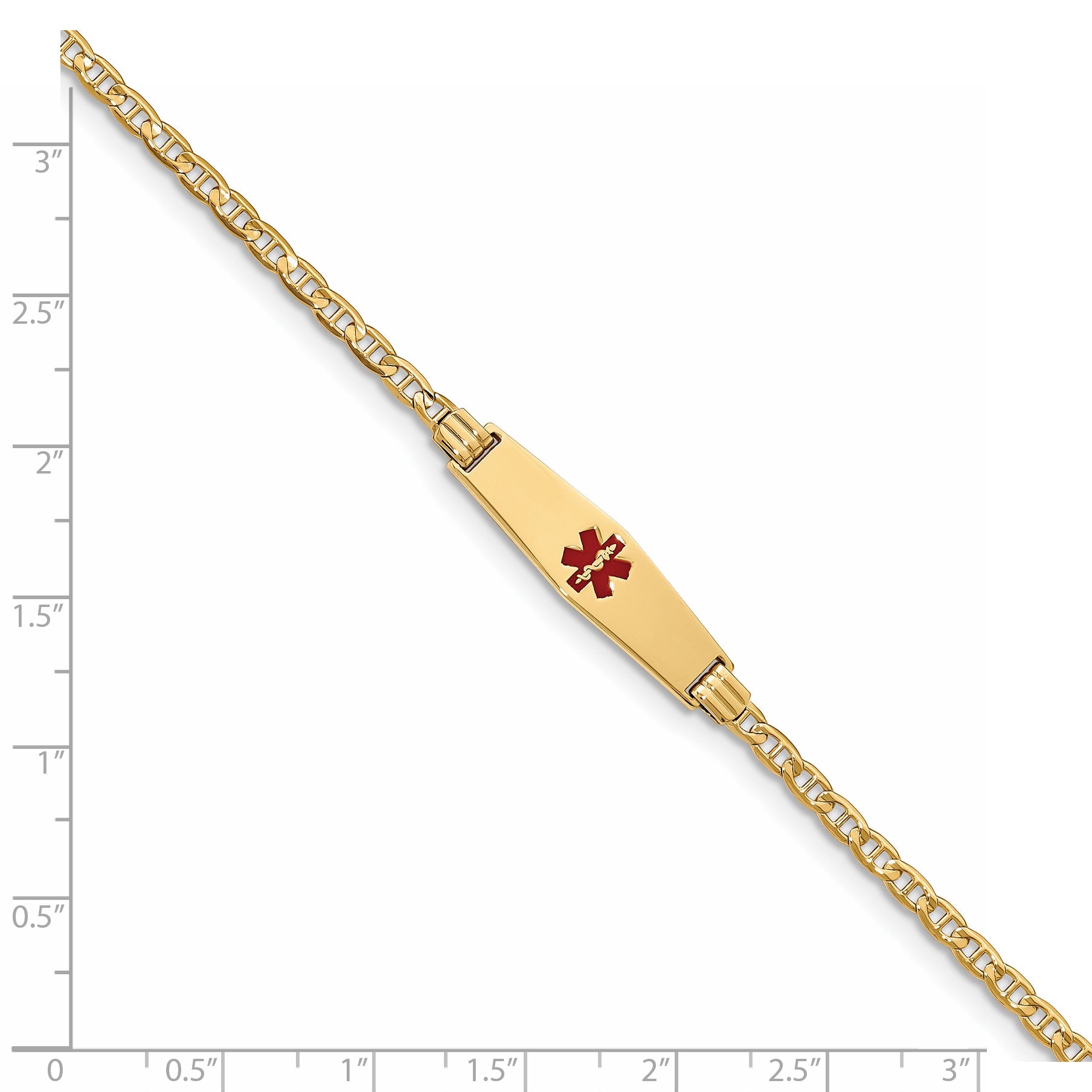 14K Yellow Gold Medical Solid Chain/Solid Plate 25X7mm Soft Diamond Shape Centered Red Enamel Anchor Link 7 Inch Id Bracelet