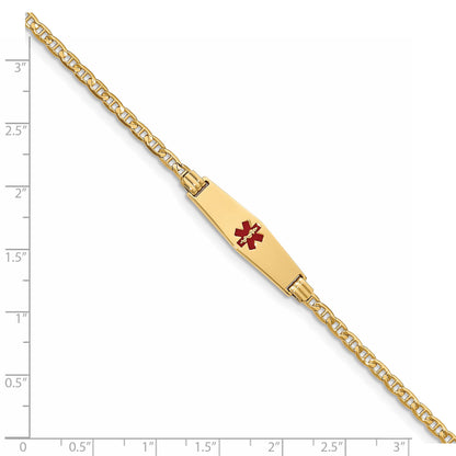14K Yellow Gold Medical Solid Chain/Solid Plate 25X7mm Soft Diamond Shape Centered Red Enamel Anchor Link 7 Inch Id Bracelet
