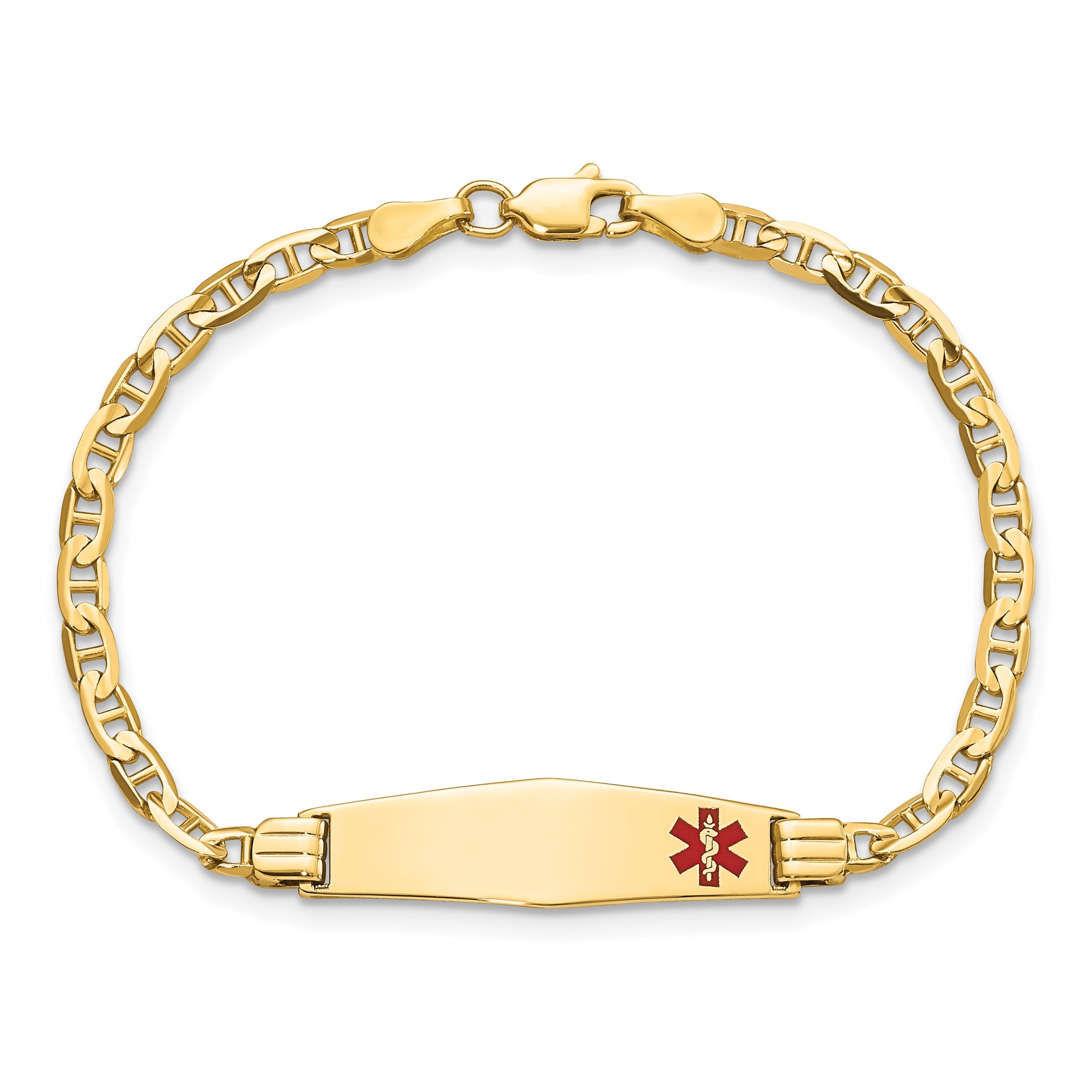 14K Yellow Gold Medical Solid Chain/Solid Plate 26X7mm Soft Diamond Shape Off Center Red Enamel Anchor Link 6 Inch Baby/Child Id Bracelet