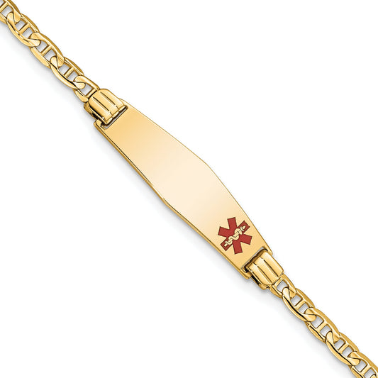 14K Yellow Gold Medical Solid Chain/Solid Plate 26X7mm Soft Diamond Shape Off Center Red Enamel Anchor Link 7 Inch Id Bracelet