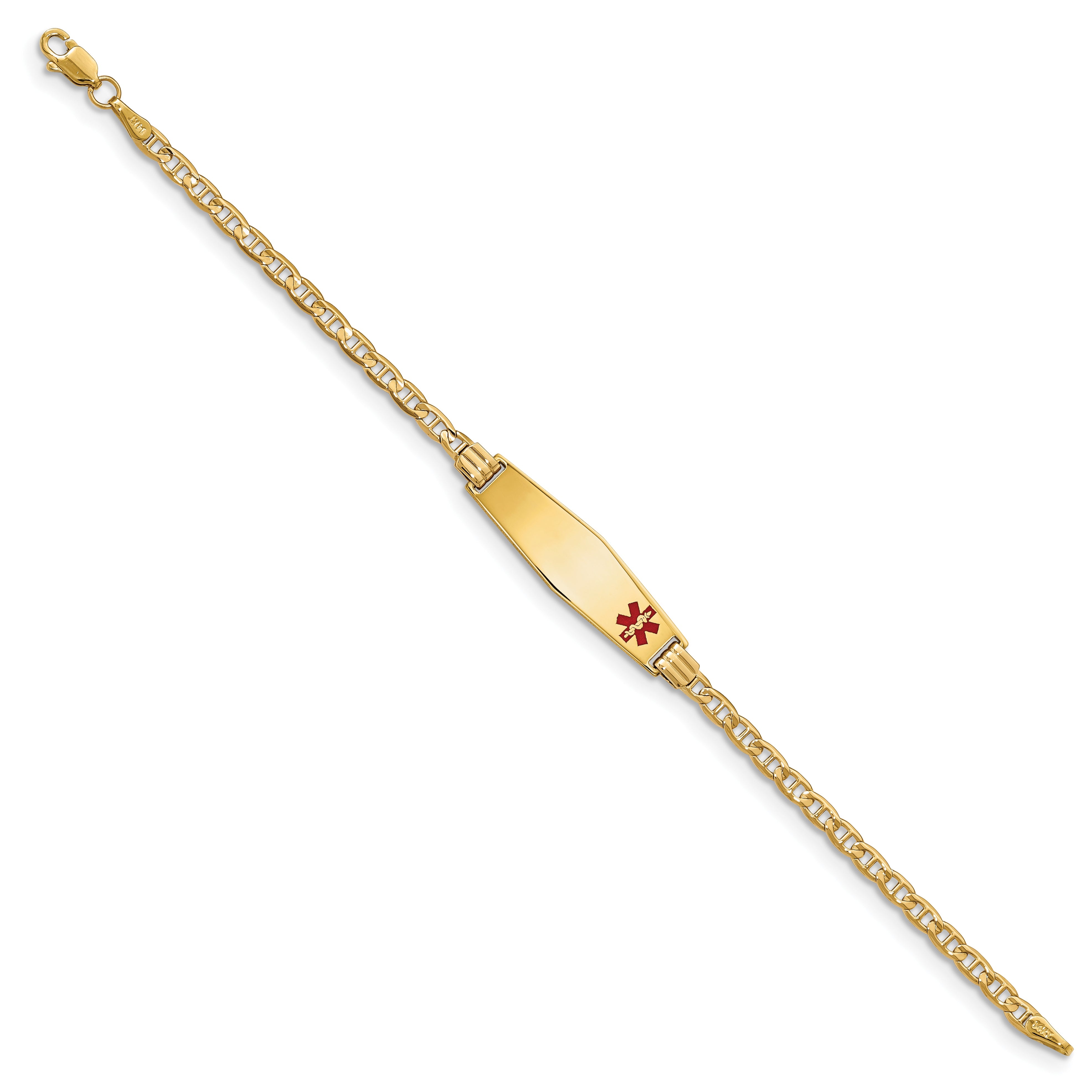 14K Yellow Gold Medical Solid Chain/Solid Plate 26X7mm Soft Diamond Shape Off Center Red Enamel Anchor Link 7 Inch Id Bracelet