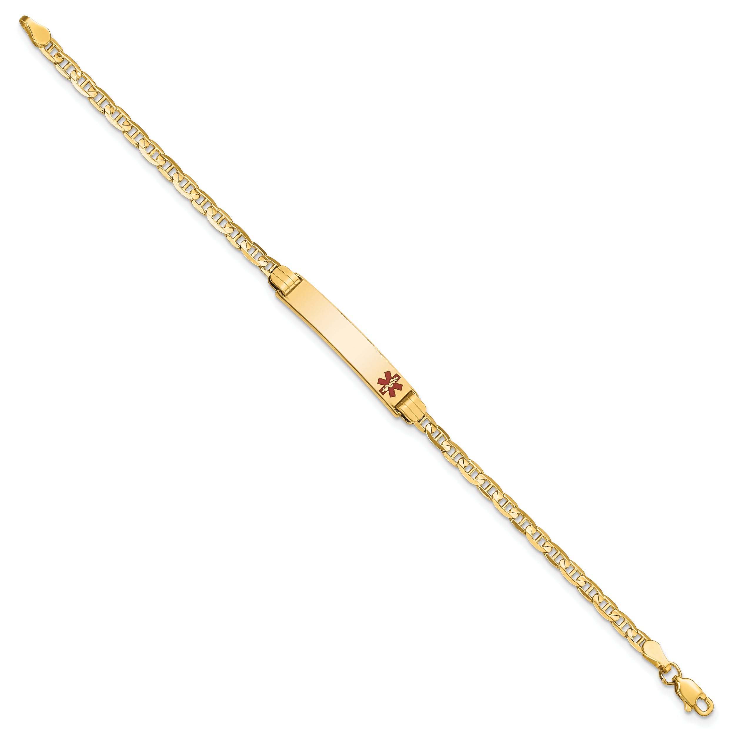 14K Yellow Gold Medical Solid Chain/Solid Plate 26X5mm Off Center Red Enamel Anchor Link 6 Inch Baby/Child Id Bracelet
