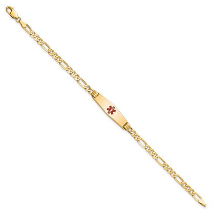 14K Yellow Gold Medical Solid Chain/Solid Plate 24X7mm Soft Diamond Shape Centered Red Enamel Figaro Link 7 Inch Id Bracelet