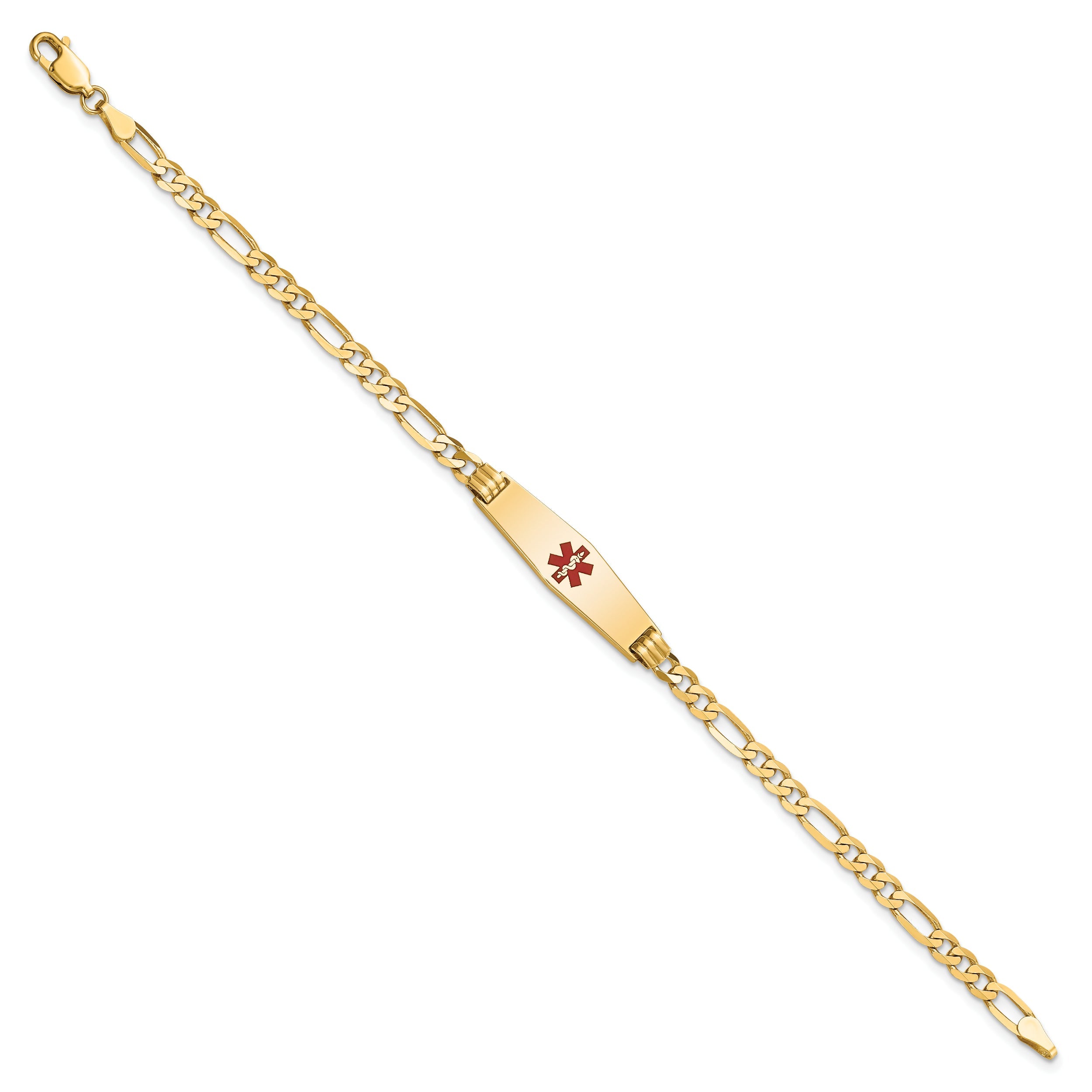 14K Yellow Gold Medical Solid Chain/Solid Plate 24X7mm Soft Diamond Shape Centered Red Enamel Figaro Link 8 Inch Id Bracelet