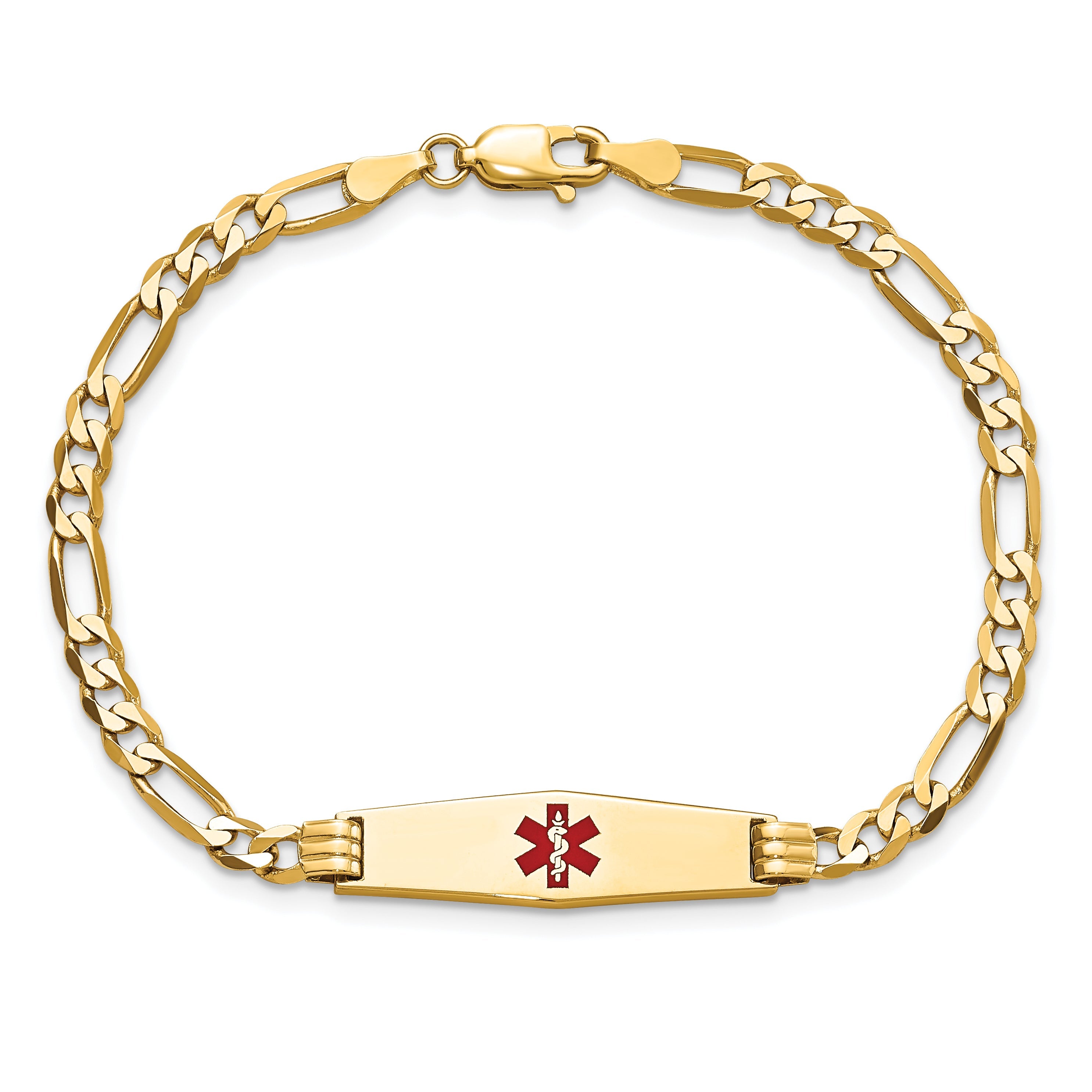 14K Yellow Gold Medical Solid Chain/Solid Plate 24X7mm Soft Diamond Shape Centered Red Enamel Figaro Link 8 Inch Id Bracelet