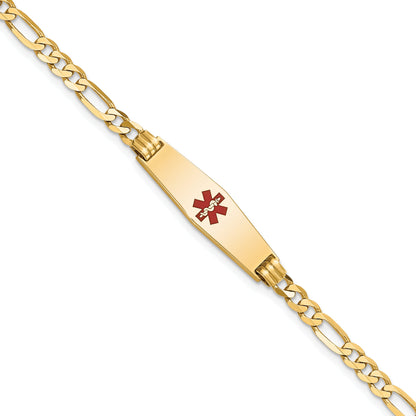 14K Yellow Gold Medical Solid Chain/Solid Plate 24X7mm Soft Diamond Shape Centered Red Enamel Figaro Link 7 Inch Id Bracelet