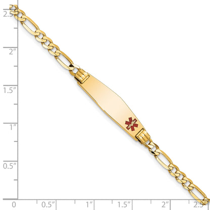 14K Yellow Gold Medical Solid Chain/Solid Plate 26X7mm Soft Diamond Shape Off Center Red Enamel Figaro Link 7 Inch Id Bracelet