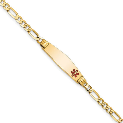 14K Yellow Gold Medical Solid Chain/Solid Plate 26X7mm Soft Diamond Shape Off Center Red Enamel Figaro Link 8 Inch Id Bracelet