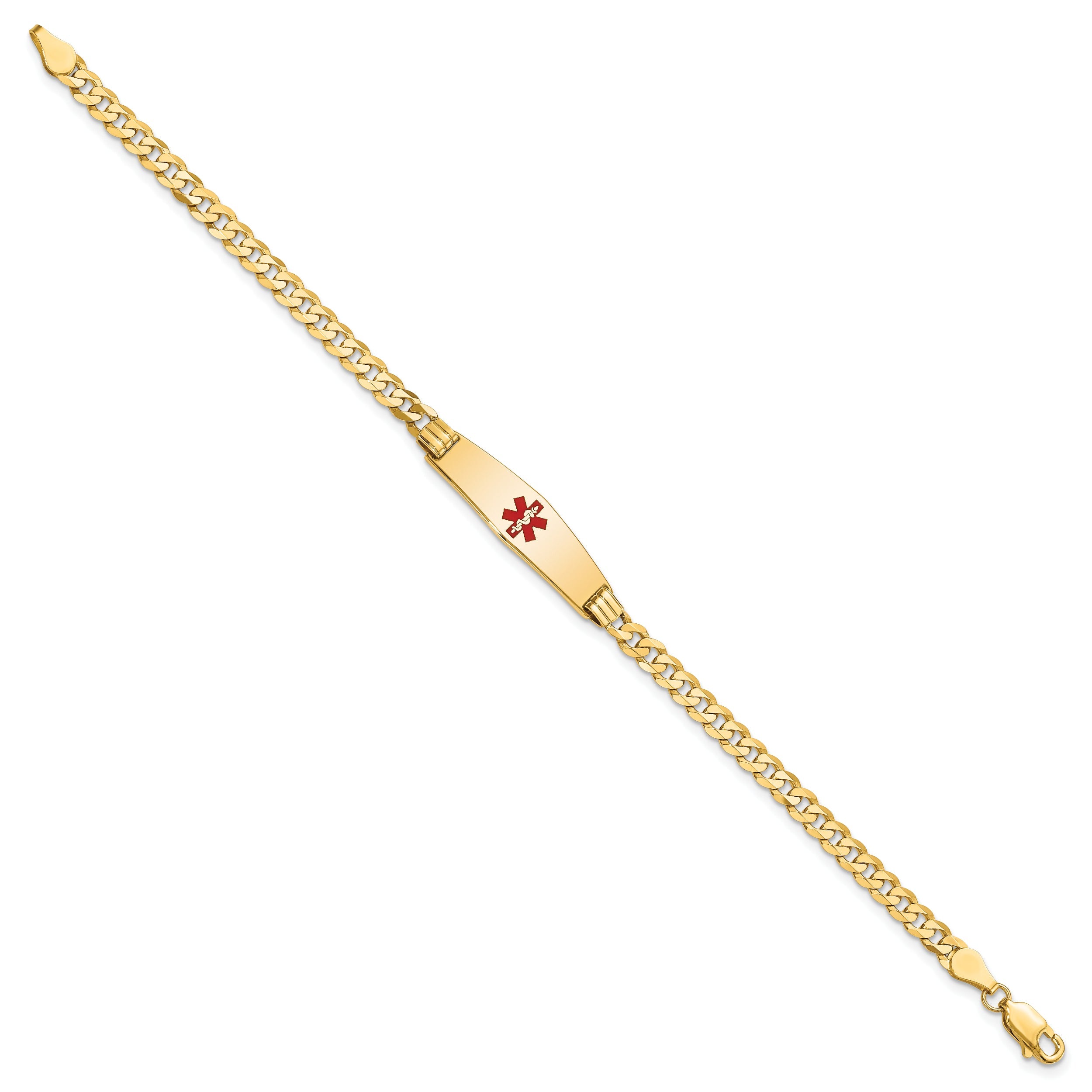 14K Yellow Gold Medical Solid Chain/Solid Plate 24X7mm Soft Diamond Shape Centered Red Enamel Curb Link 7 Inch Id Bracelet