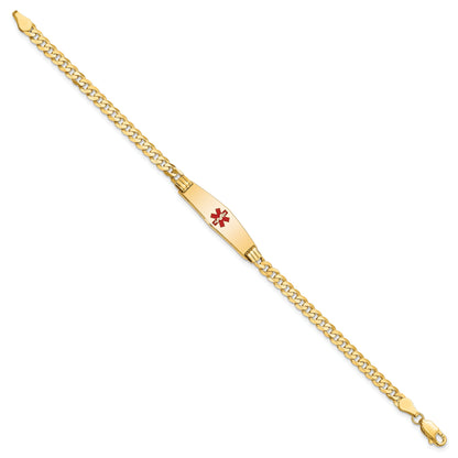 14K Yellow Gold Medical Solid Chain/Solid Plate 24X7mm Soft Diamond Shape Centered Red Enamel Curb Link 7 Inch Id Bracelet