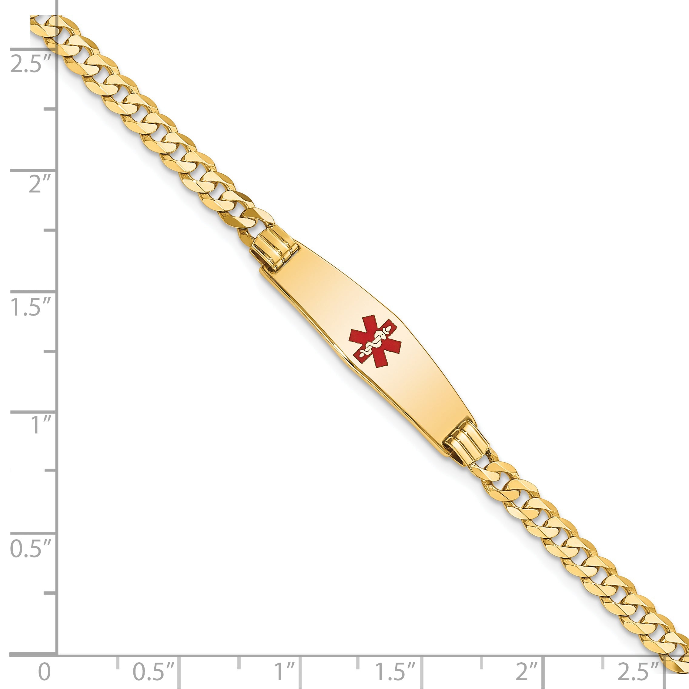 14K Yellow Gold Medical Solid Chain/Solid Plate 24X7mm Soft Diamond Shape Centered Red Enamel Curb Link 7 Inch Id Bracelet