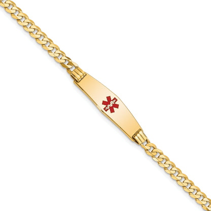 14K Yellow Gold Medical Solid Chain/Solid Plate 24X7mm Soft Diamond Shape Centered Red Enamel Curb Link 7 Inch Id Bracelet