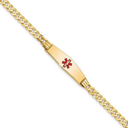 14K Yellow Gold Medical Solid Chain/Solid Plate 24X7mm Soft Diamond Shape Centered Red Enamel Curb Link 8 Inch Id Bracelet
