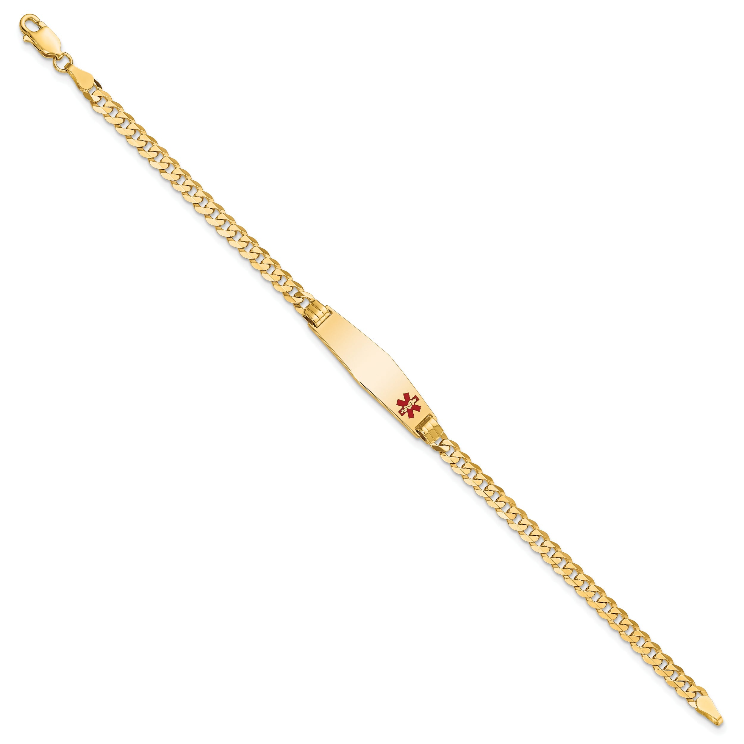 14K Yellow Gold Medical Solid Chain/Solid Plate 26X7mm Soft Diamond Shape Off Center Red Enamel Curb Link 8 Inch Id Bracelet
