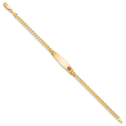 14K Yellow Gold Medical Solid Chain/Solid Plate 26X7mm Soft Diamond Shape Off Center Red Enamel Curb Link 8 Inch Id Bracelet