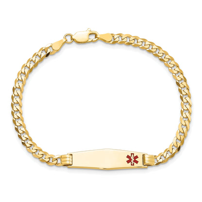 14K Yellow Gold Medical Solid Chain/Solid Plate 26X7mm Soft Diamond Shape Off Center Red Enamel Curb Link 7 Inch Id Bracelet